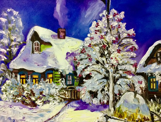 Winter evening, village landscape,  oil painting