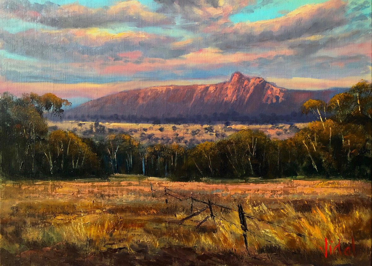 Impressionistic Landscape Oil Painting By Christopher Vidal, 16 X 12, Sunset On Mt Arapiles Vic, Original Artwork