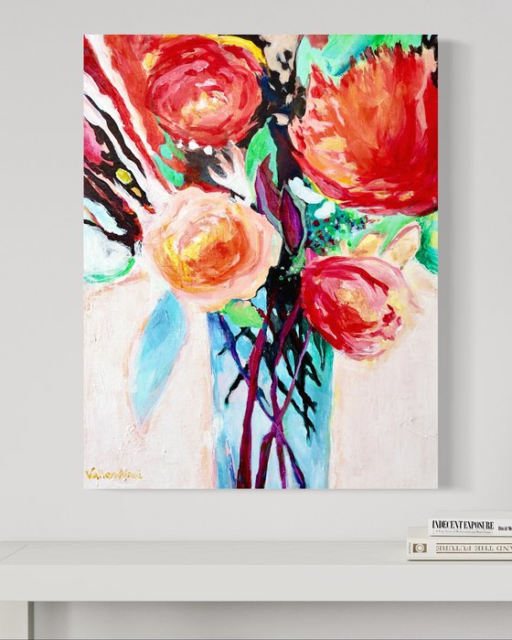 SMELLS LIKE PEONIES SPIRIT - 40 X 50 CM - FLORAL PAINTING ON CANVAS * RED *WHITE *GREEN