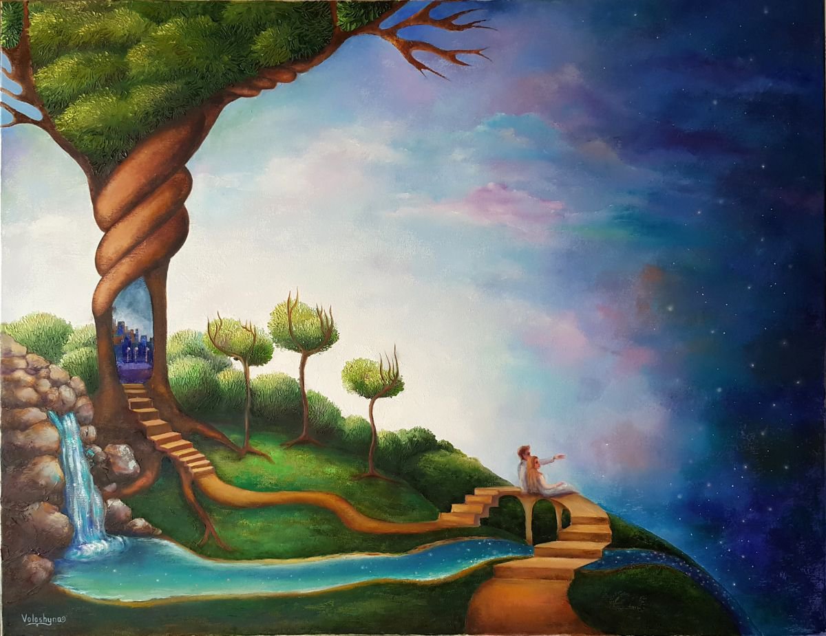 Surrealistic Abstract Oil Painting By Mary Voloshyna, 35 X 28", Birth Of Night (90X70Cm), Original Artwork