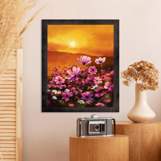 Pink cosmos field at sunset