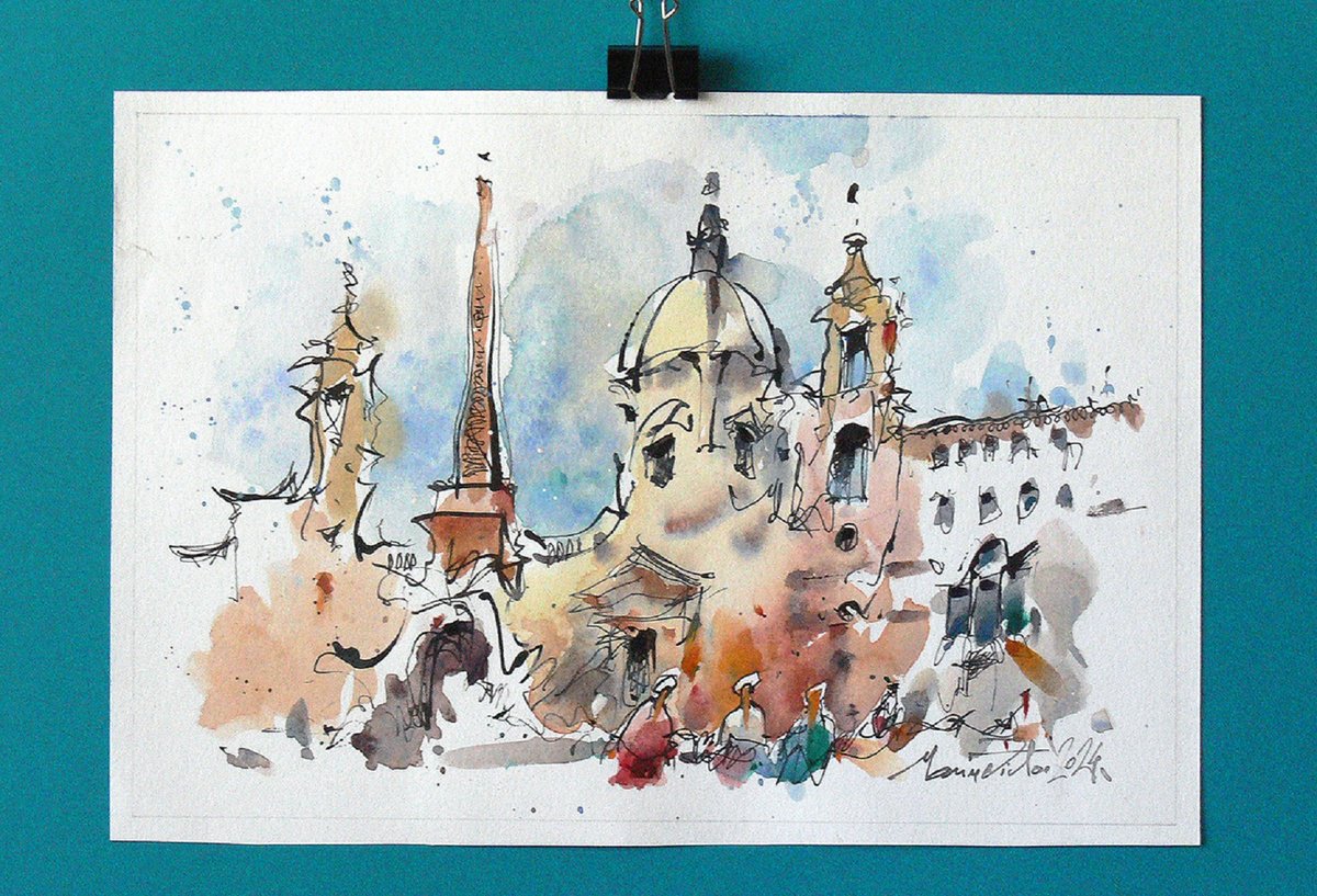 Impressionistic Cityscapes Watercolour By Marin Victor, 11 X 7", Rome Piazza Navona Watercolor, Original Artwork