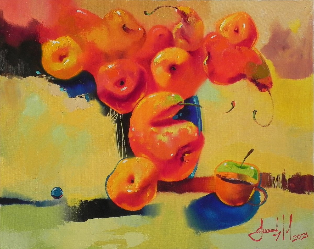 Abstract Still Life Oil Painting By Mykhailo Novikov, 20 X 16", *Golden Apples*, Original Artwork
