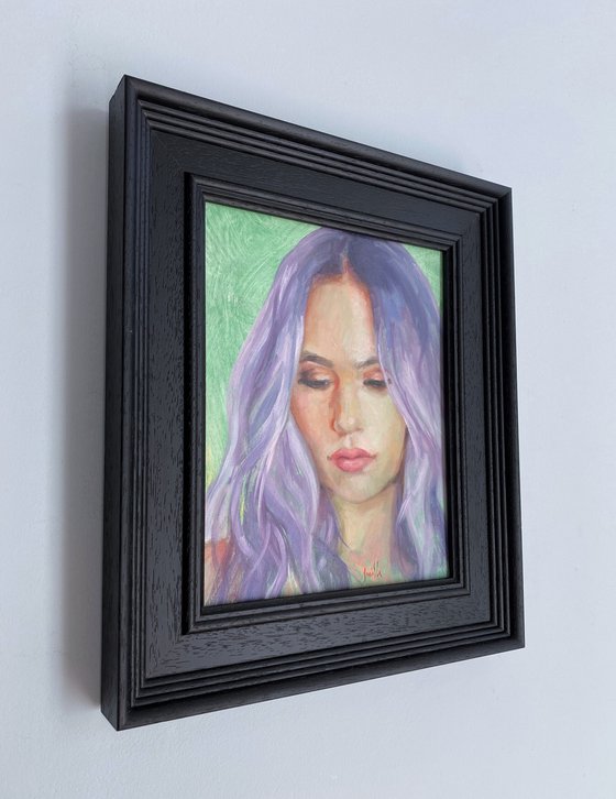 Contemporary portrait of a young woman, purple on green.