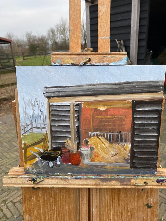 Donkeys in the barn. Plein Air