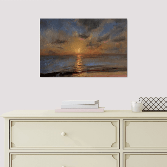 Evening Sunset over The Sea. Original Oil Painting on canvas ready to hang.
