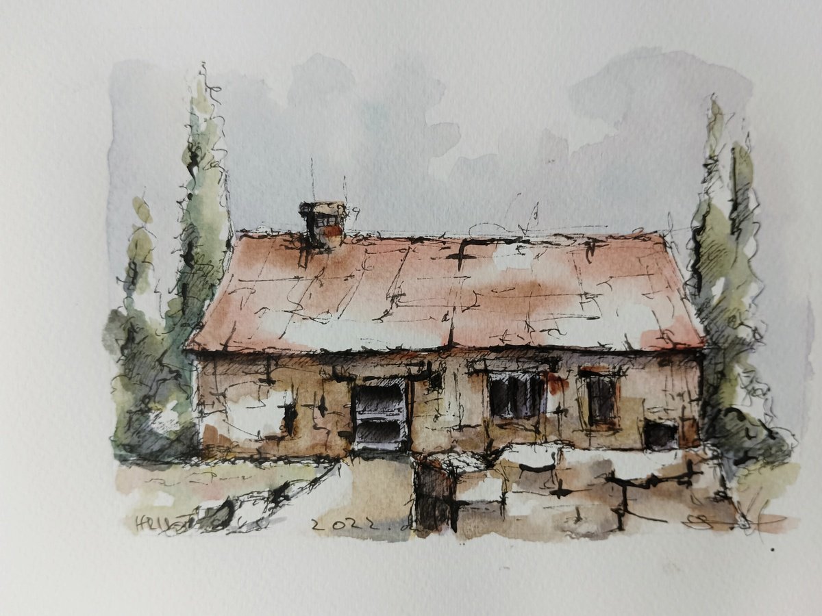 Old rocky house. Watercolor and ink painting on paper by Marinko Saric