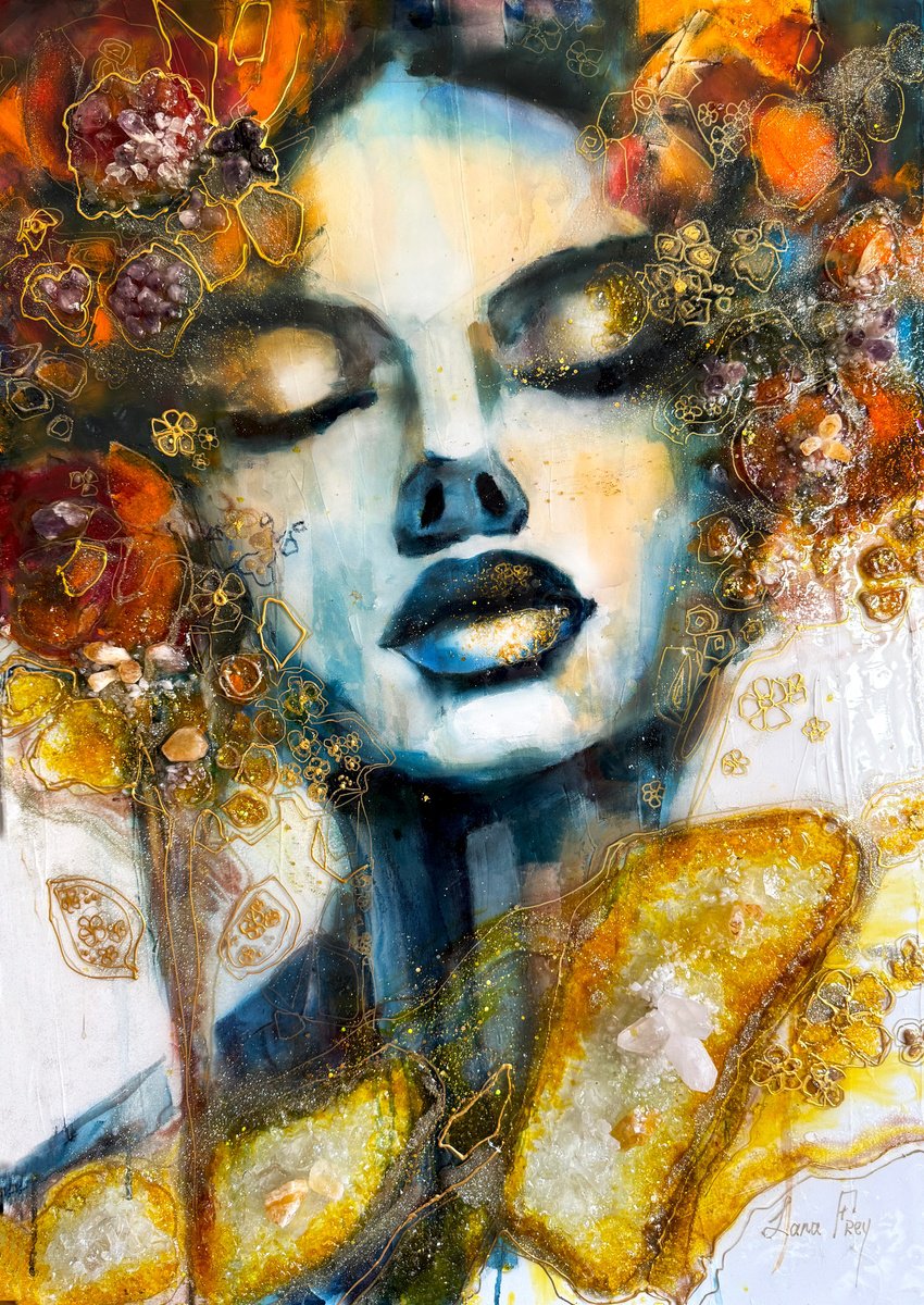 Expressive Portrait Painting By Lana Frey, 28 X 39", Fiery Heart, Original Artwork