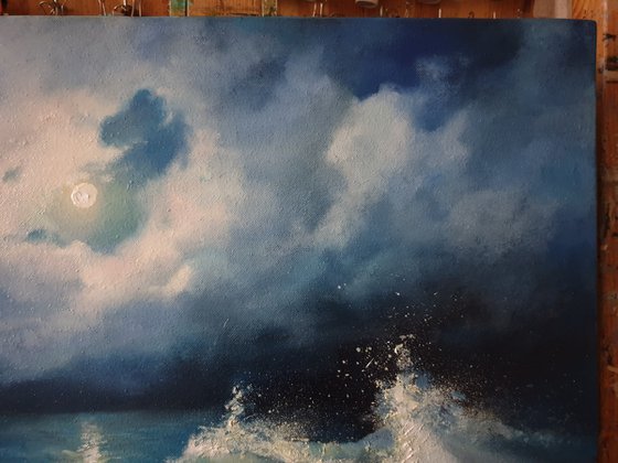 "Night sea." seascape sea night liGHt original painting  GIFT (2020)