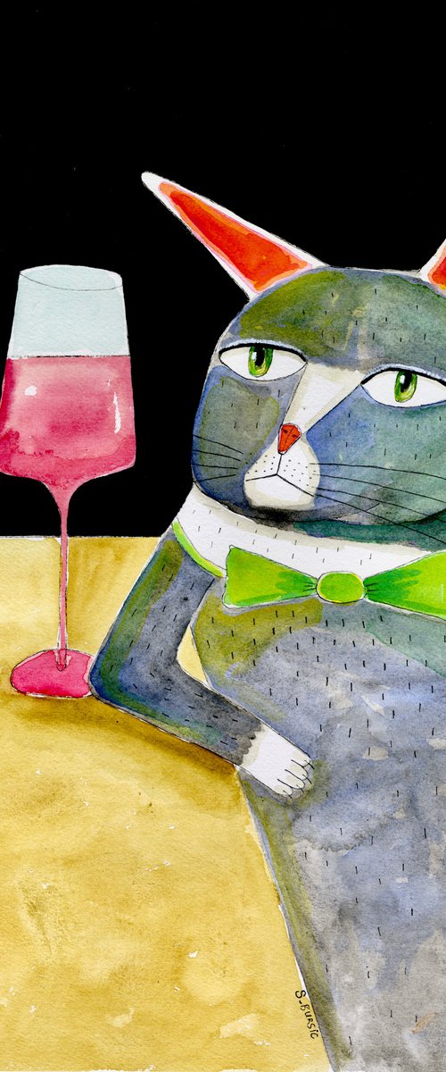 Wine Cat at Bar by Sharyn Bursic