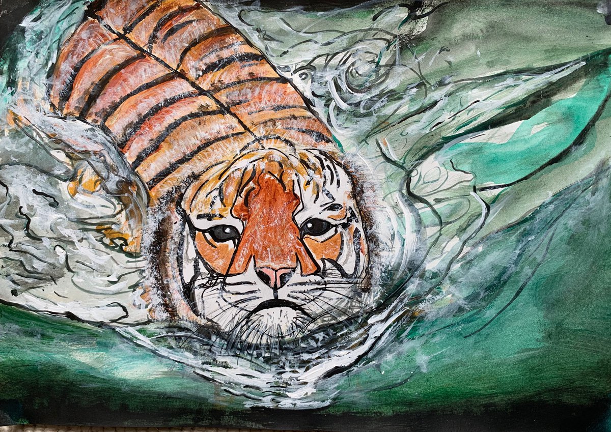 Underwater  Wild Animals Painting for Home Decor, Tiger Portrait Art Decor, Artfinder Gift... by Kumi Muttu