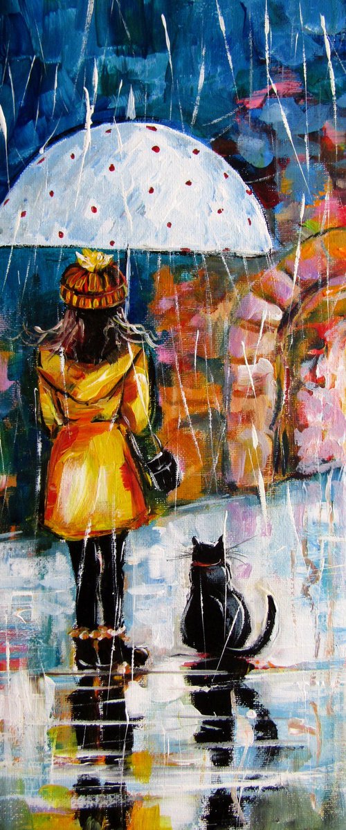 Girl with cat in the rain by Kovács Anna Brigitta