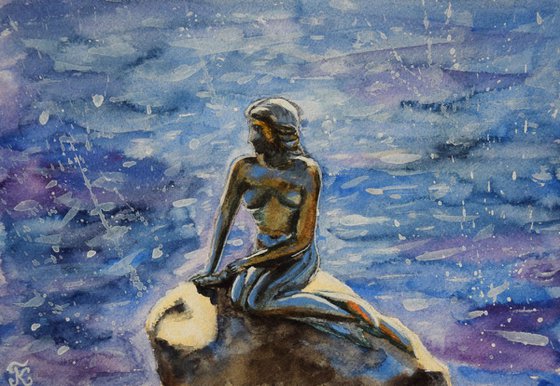 Denmark watercolor painting Little mermaid in sunny Copenhagen