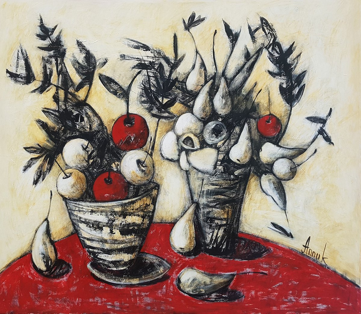 Fruitfulness: extra large modern still life with fruit in vases - 135/155cm by Anna Soghomonyan