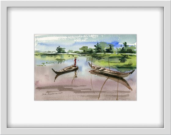 Chinese boats original watercolor painting with boats, small size, decor for small spaces