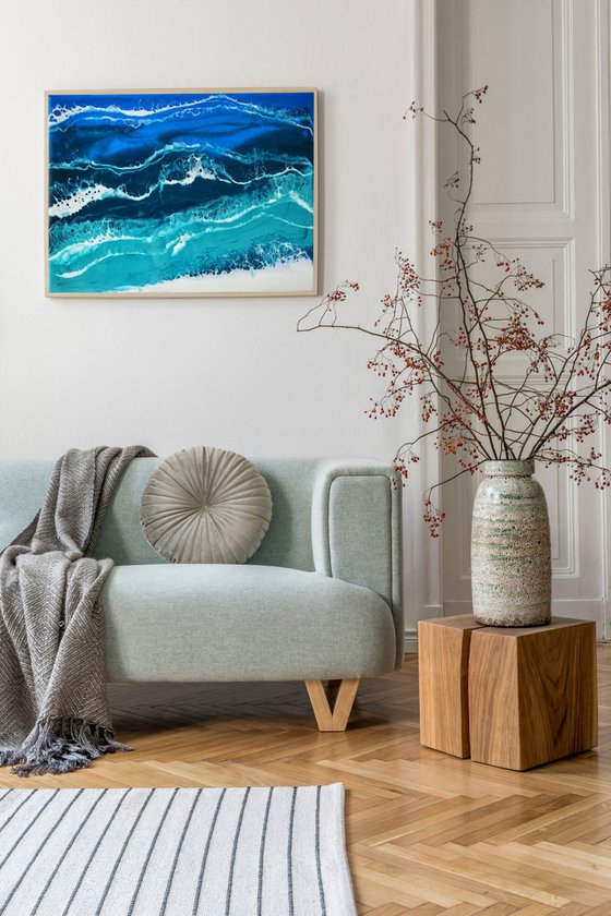 Ocean - original seascape resin artwork on board, turquoise waves, realistic foam