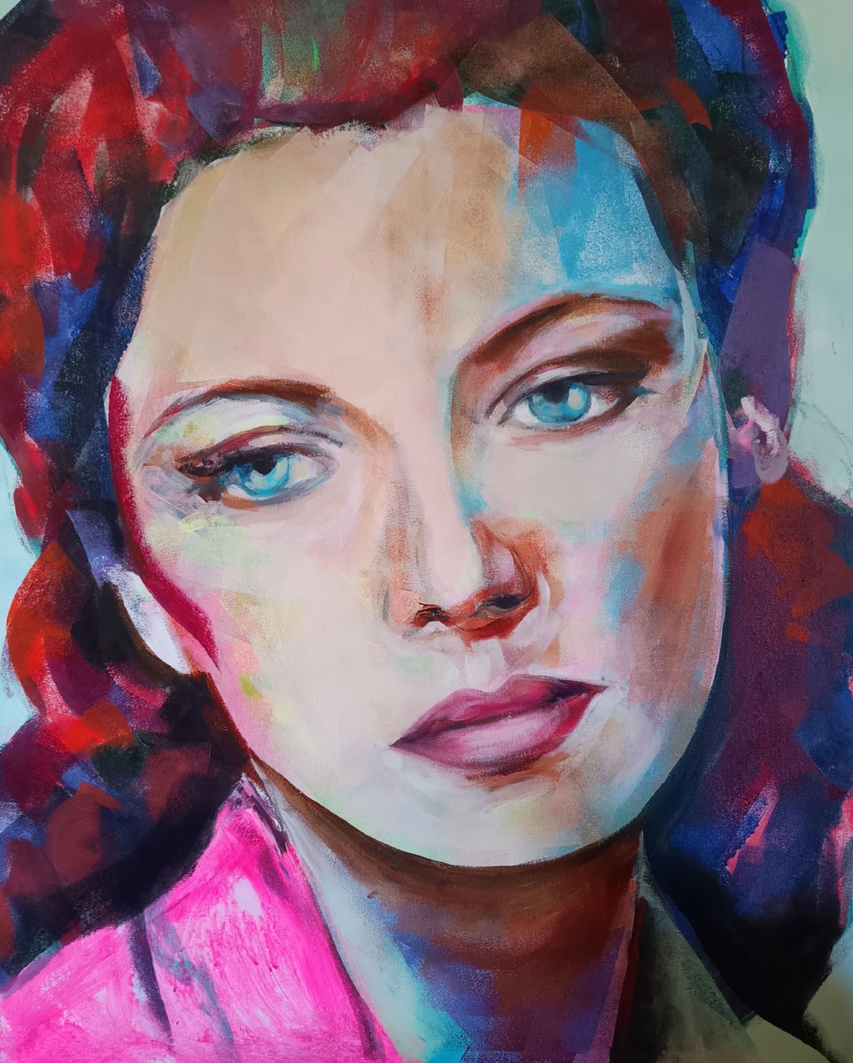 Expressive Portrait Acrylic Painting By Marina Del Pozo, 32 X 39", Portrait #01, Original Artwork