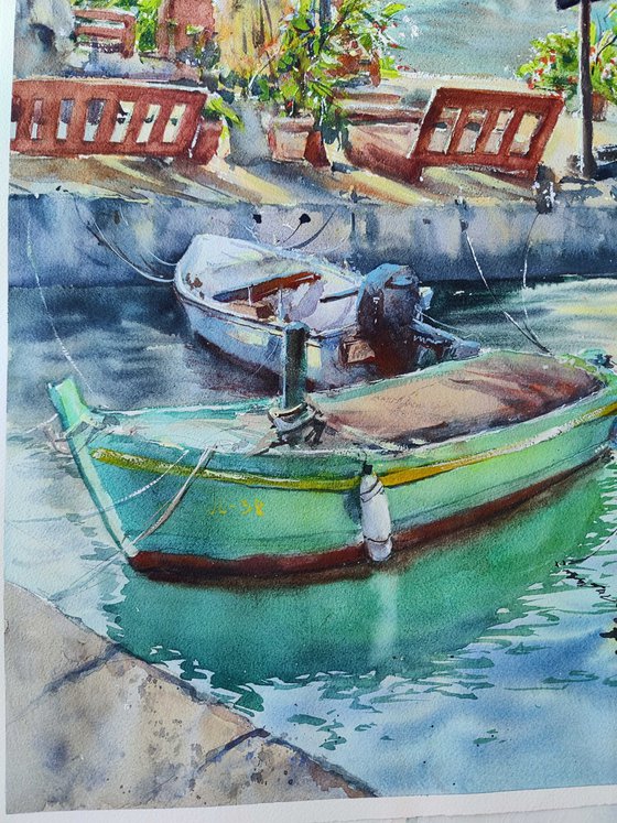 The beautiful port of Jelsa, Hvar | Original watercolor painting (2022) Hand-painted Art Small Artist | Mediterranean Europe Impressionistic