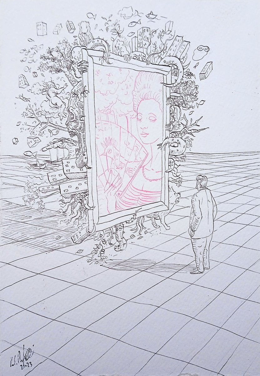 Illustrative Portrait Ink Drawing By Paolo Beneforti, 6 X 9", Behind It - 2, Original Artwork