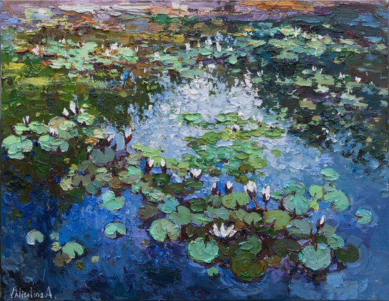 White Water Lilies - Impasto Original Oil painting 90 x 70 cm