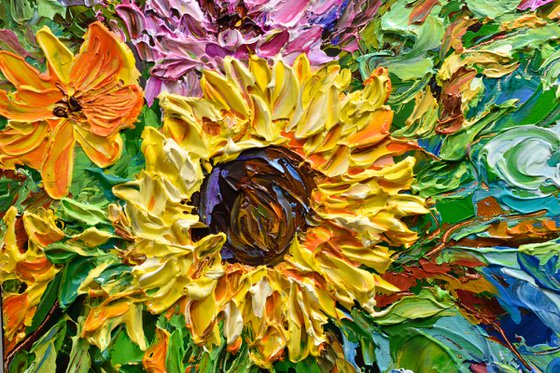 Sunflower in the garden - Original Floral Painting on Canvas, Palette Knife Art, Textured Impasto Artwork