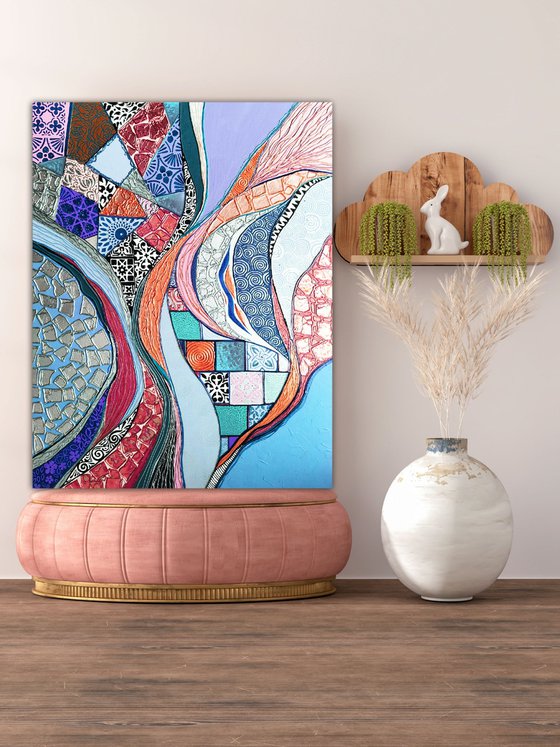 Colorful large abstract painting. Pink blue purple lilac silver Oriental wall art