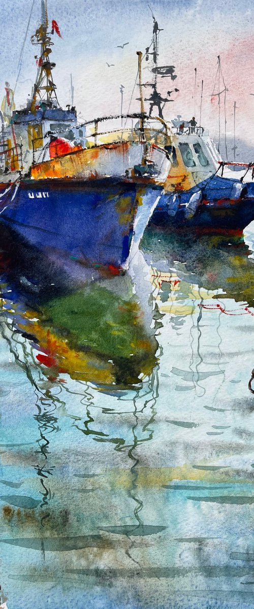 Ship in port, Watercolor painting by Samira Yanushkova