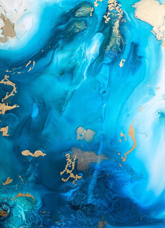 Ocean Blue Gold Fluid Painting