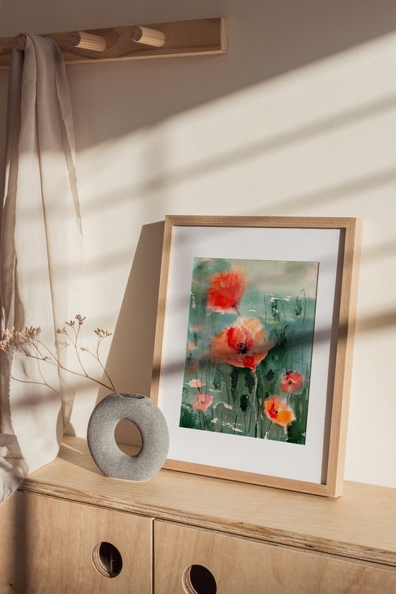 Watercolor poppy field