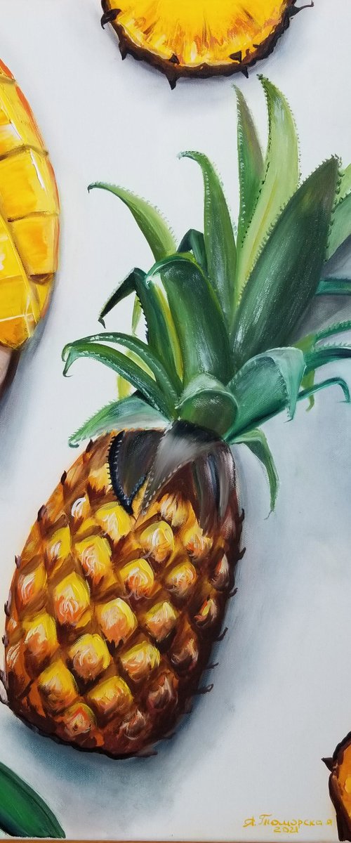 Tropical Fruit Breakfast. Original Oil Painting on Canvas. Tropical Still life. Tropical Fruit Room accent. Summer painting. by Alexandra Tomorskaya/Caramel Art Gallery