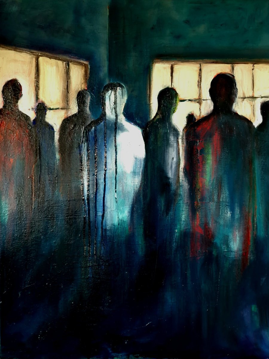 Expressive Portrait Oil Painting By Leezee Lee ( Georgiana L. Nicolae), 20 X 28", Strangers In A Dark Room Iv, Original Artwork