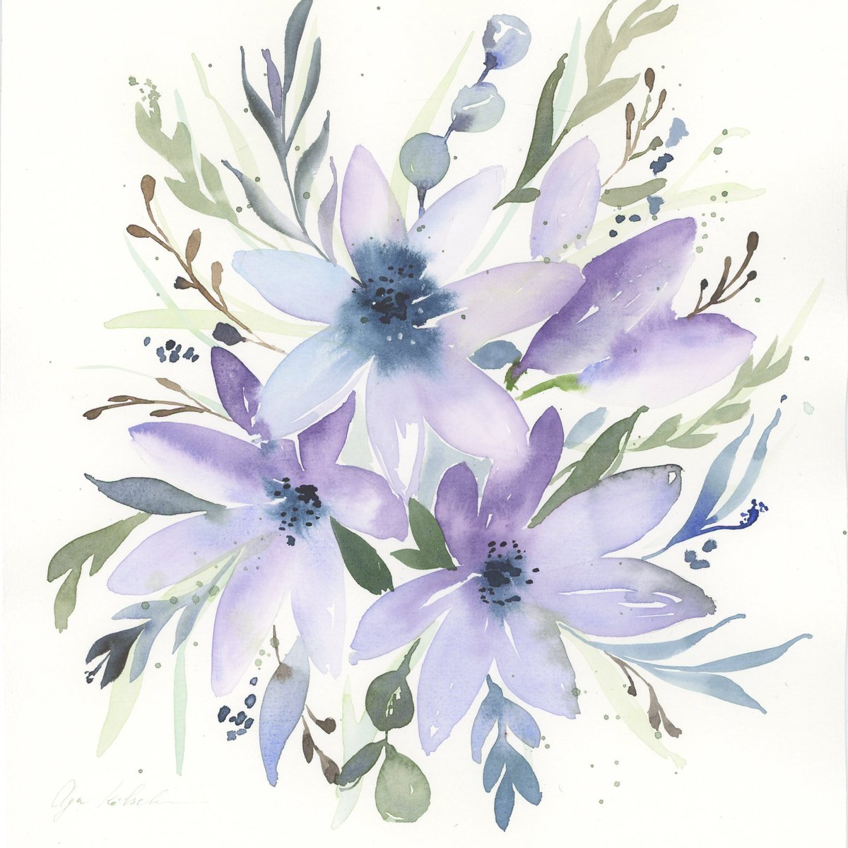Dusty blue and purple wedding floral bouquet by Olga Koelsch