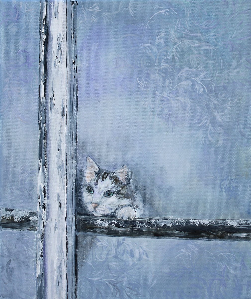 Cat By The Frozen Window By Katerina Koroleva, 10 X 12, Artwork For Sale On Artfinder
