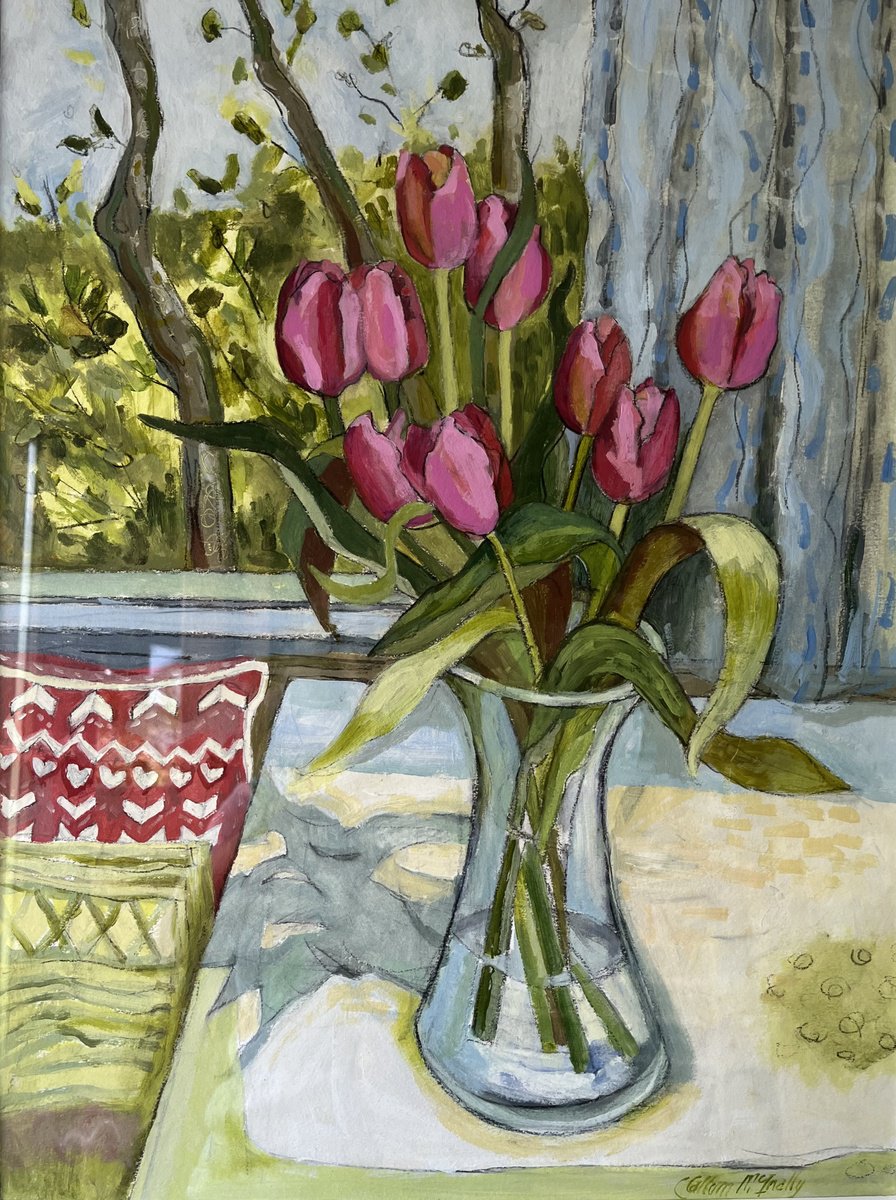 Expressive Botanical Acrylic Painting By Christine Callum Mcinally, 17 X 22, Tulips From Amsterdam Two, Original Artwork