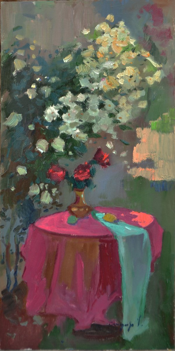 Impressionistic Botanical Oil Painting By Alexander Shandor, 14 X 30, Carefree Silence, Original Artwork