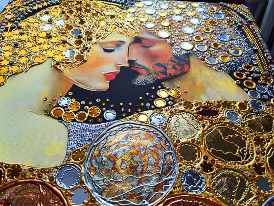 Love original painting. Golden decorative artwork with gold leaf. Gift for woman \ wife