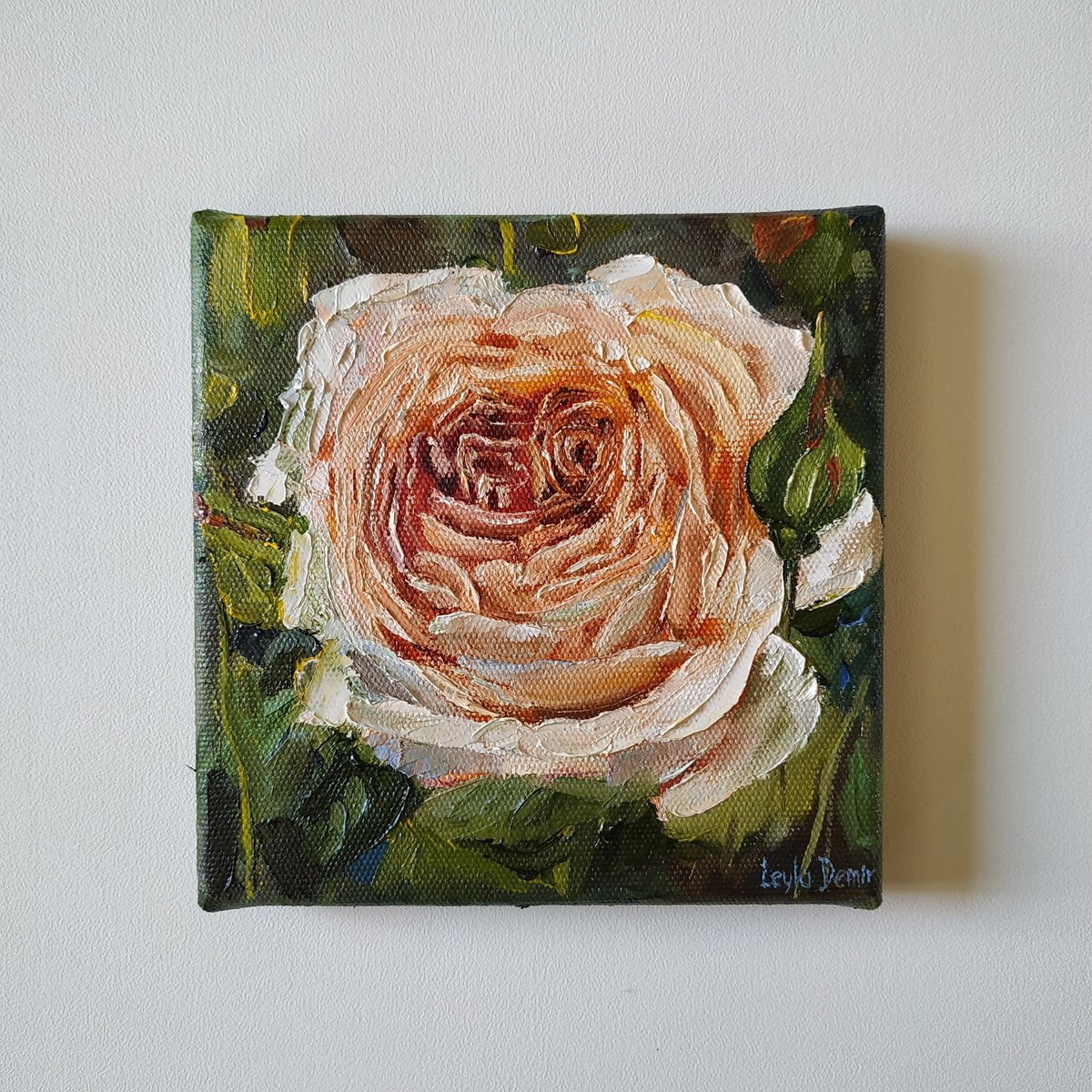 Impressionistic Still Life Oil Painting By Leyla Demir, 6 X 6", Cream Rose Original Mini Still Life, Original Artwork