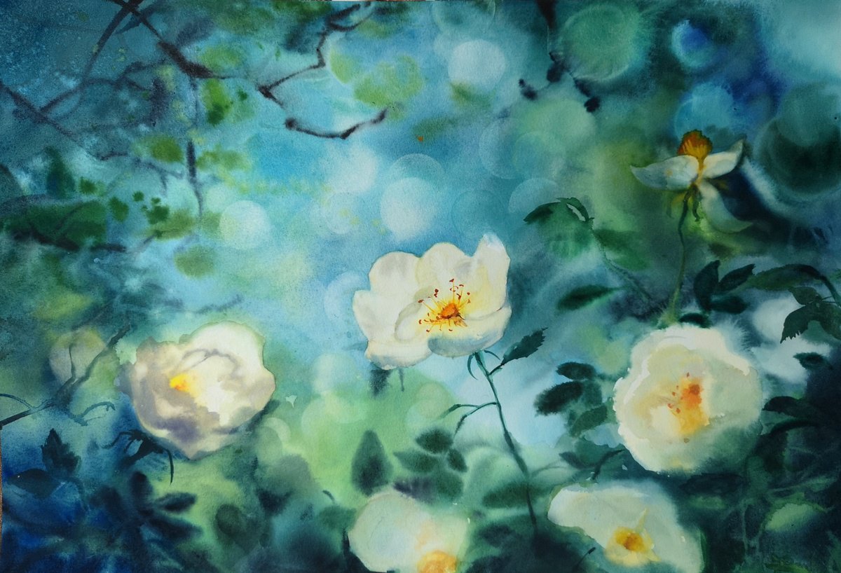 White Rosehip Bush - watercolor wild rose by Olga Beliaeva Watercolour