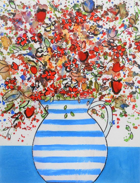 Spring Flowers in a Striped Jug