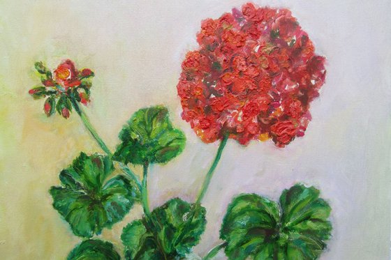A Geranium Branch in a Glass Original Handmade Oil Painting Small Red Still Life Floral Blooming Gift for Home or Woman 30x30cm.