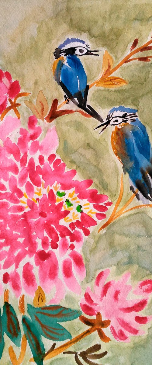 Birds in Blossom original watercolor painting by Halyna Kirichenko