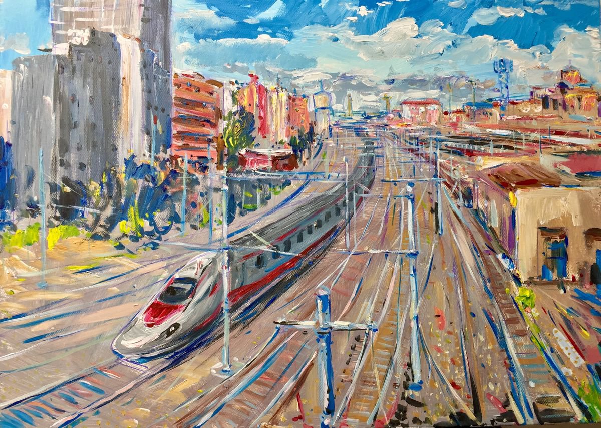Impressionistic Landscape Acrylic Painting By Altin Furxhi, 28 X 20, Train To Florence, Bologna, Original Artwork