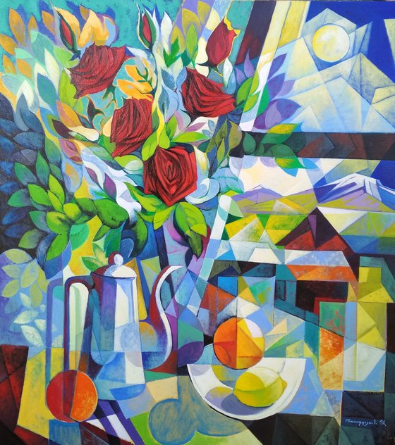 Still life with roses (80x90cm, cubism, oil painting, ready to hang)