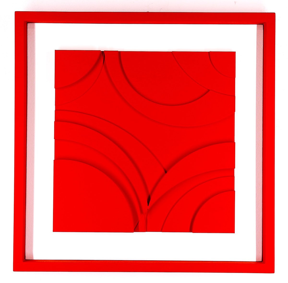 Geometric Abstract Relief By Alessandro Butera, 22 X 22, Italian Style Red, Original Artwork