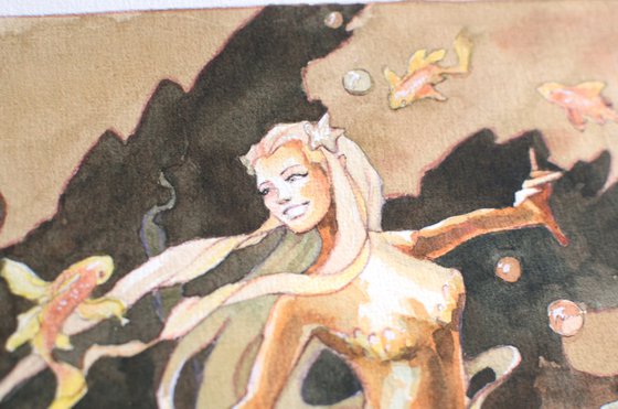 Mermaid and golden fishes, Fantasy illustration in watercolor