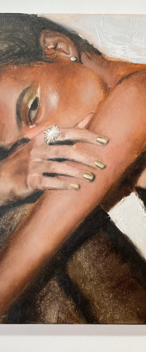 Kneeled party girl diamon sneak peek black dress oil painting on canvas by Renske Karlien Hercules