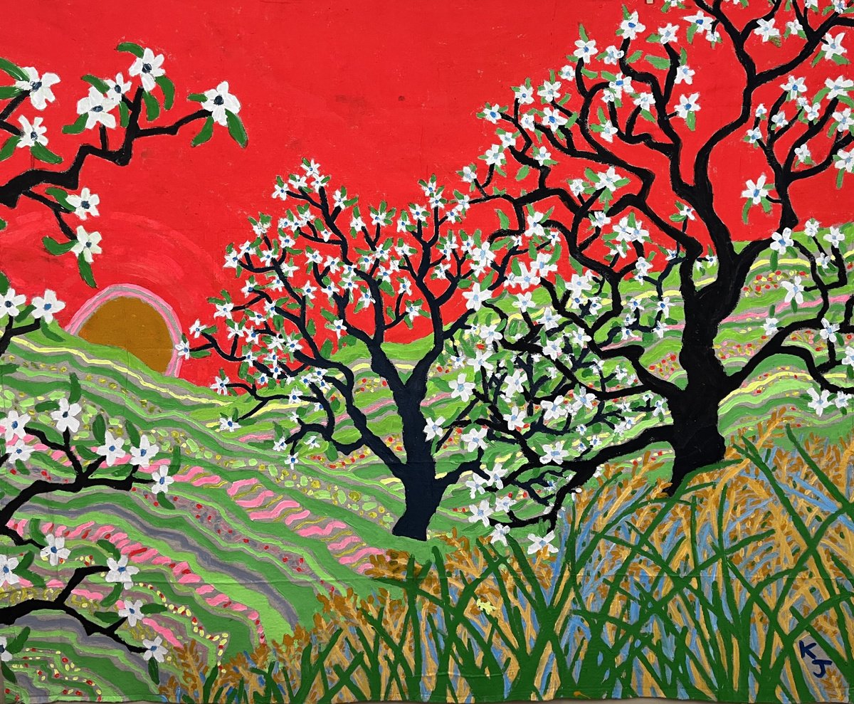 Expressive Landscape Acrylic Painting By Katie Jurkiewicz, 60 X 48", Apple Blossom Genes, Original Artwork