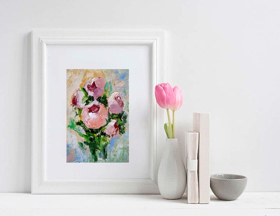 Bouquet of Peonies Painting Original Art Small Flower Artwork Pink Floral Wall Art