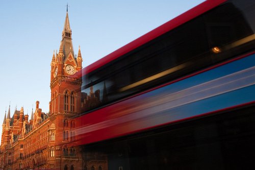St Pancras Clock Tower and Bus, London by Paula Smith