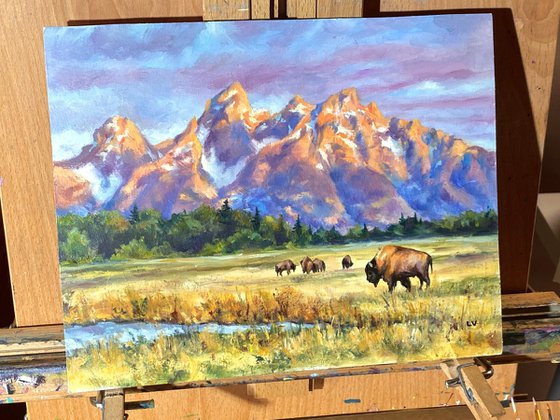 Teton mountain landscape with bisons
